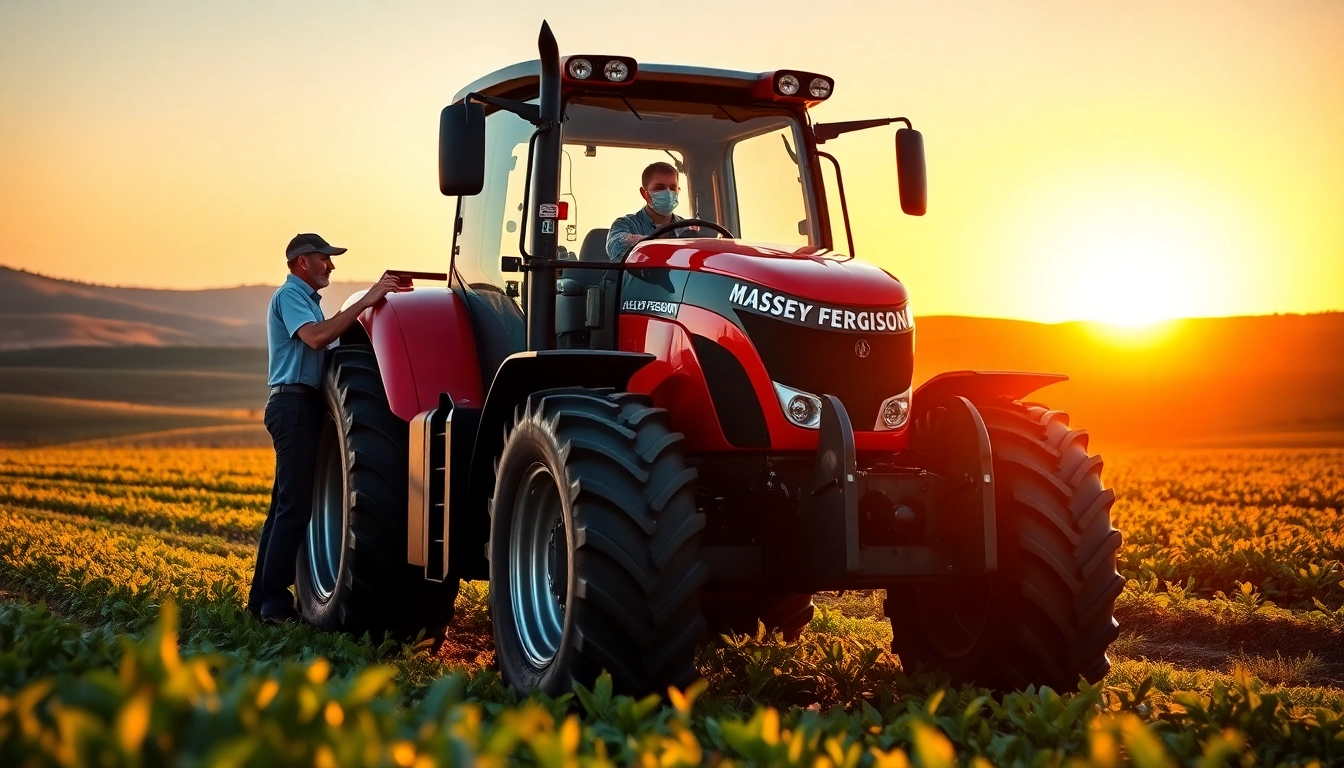 Massey Ferguson Traktor auf einem Feld mit Sonnenuntergang, landwirtschaftliche Technologie in Aktion