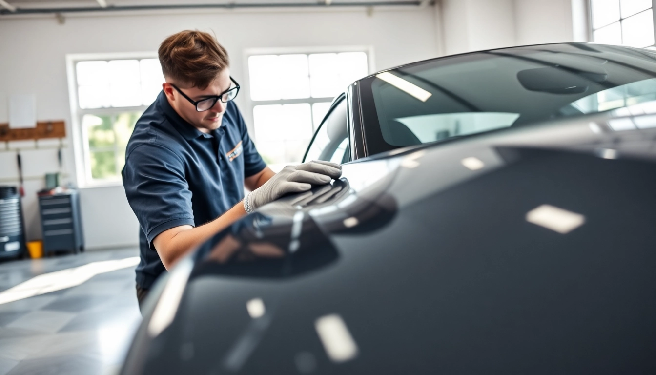 ppf installer meticulously applying protective film on a high-end sports car in a modern garage.