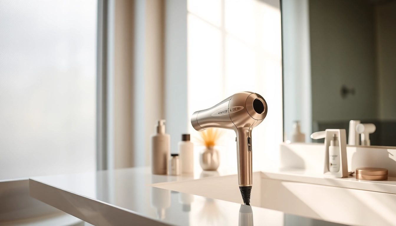 Stylish hair dryer on a bathroom counter, highlighting its elegant design and sleek features.