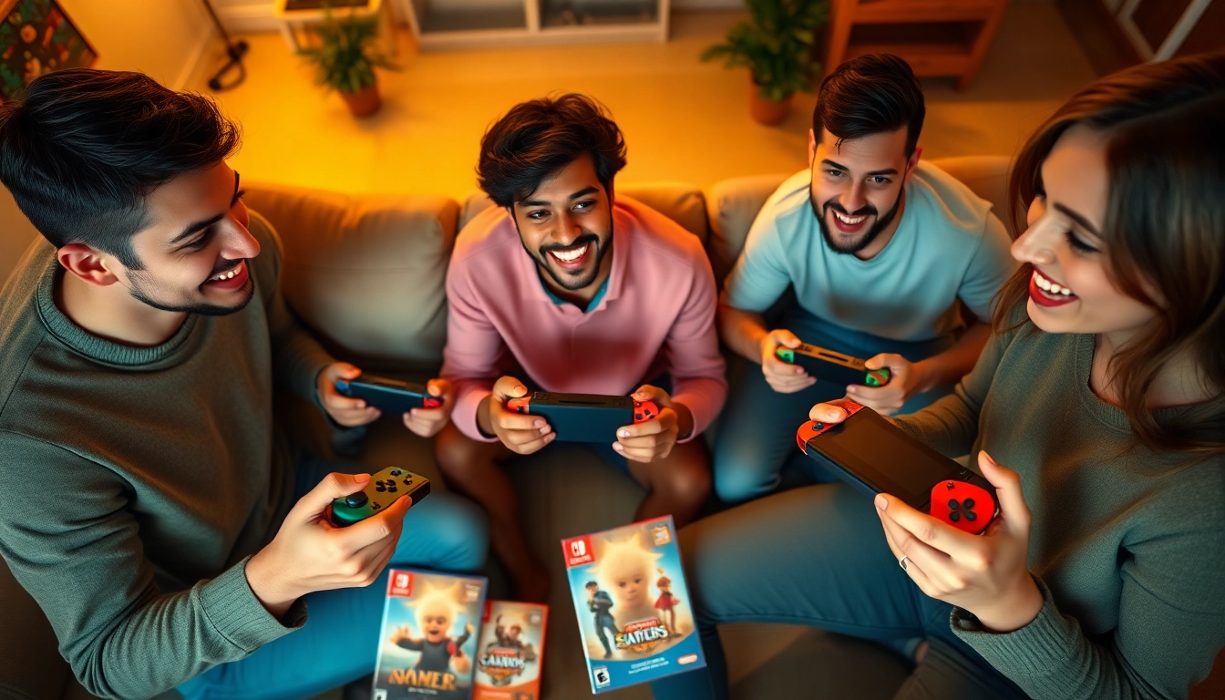 Gamers immersed in gameplay showcasing Nintendo Switch games with vibrant cases.