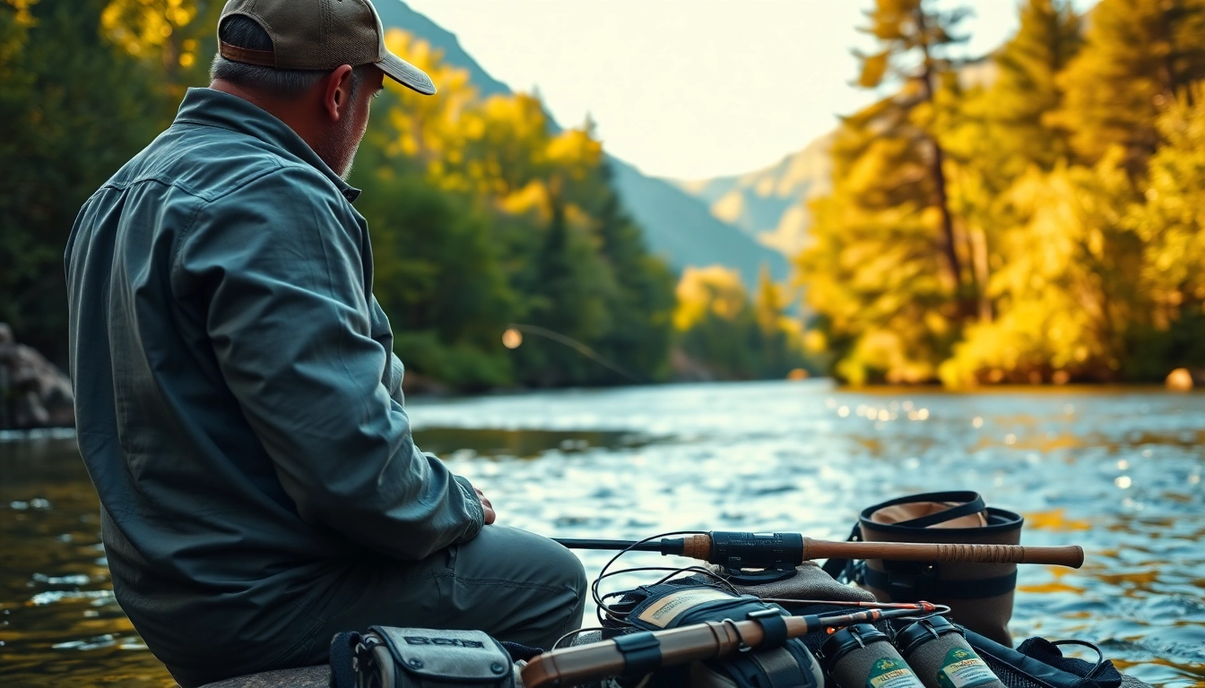 Angler using a fly fishing kit by a river, casting a line under warm sunlight.
