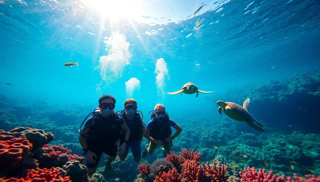 Group of divers in Bali diving course exploring beautiful coral reefs and marine life.