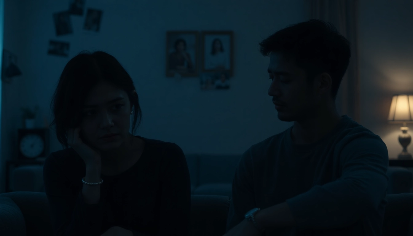 Capturing the emotional gravity of a relationship breakup, showcasing two distant figures reflecting on their past.