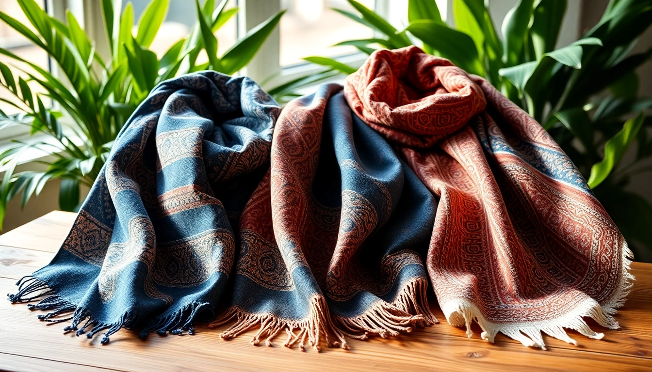 Admire beautifully arranged vela scarves displaying vibrant designs on a textured wooden table.