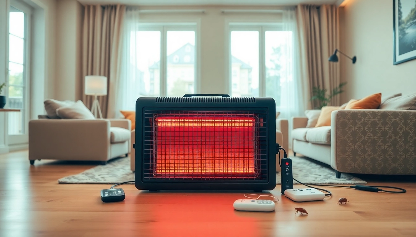Implement effective bed bug heat treatment in a cozy living room setting with visible heaters.