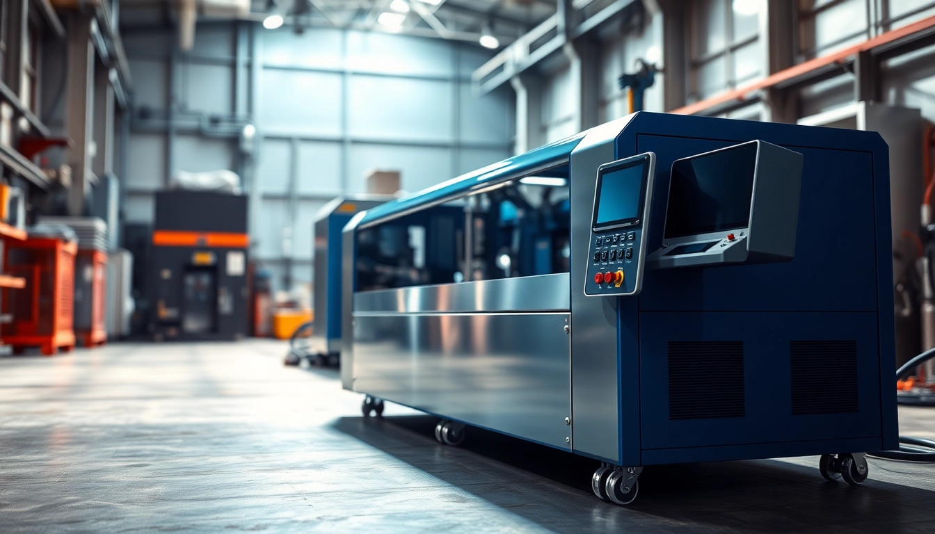 Laser cleaning machine in an industrial setting, demonstrating its high-tech features and precision.