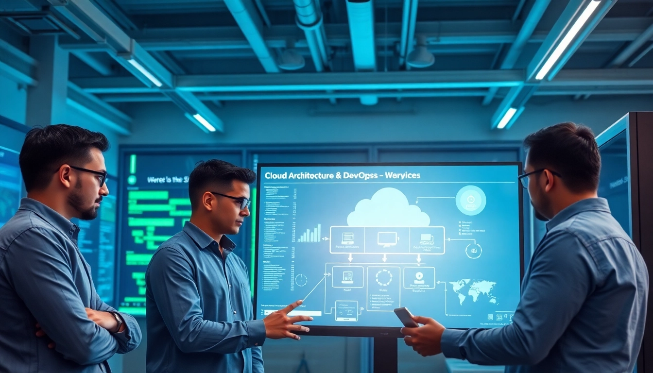 Illustration of professionals in a collaborative setting showcasing cloud infrastructure and DevOps services.