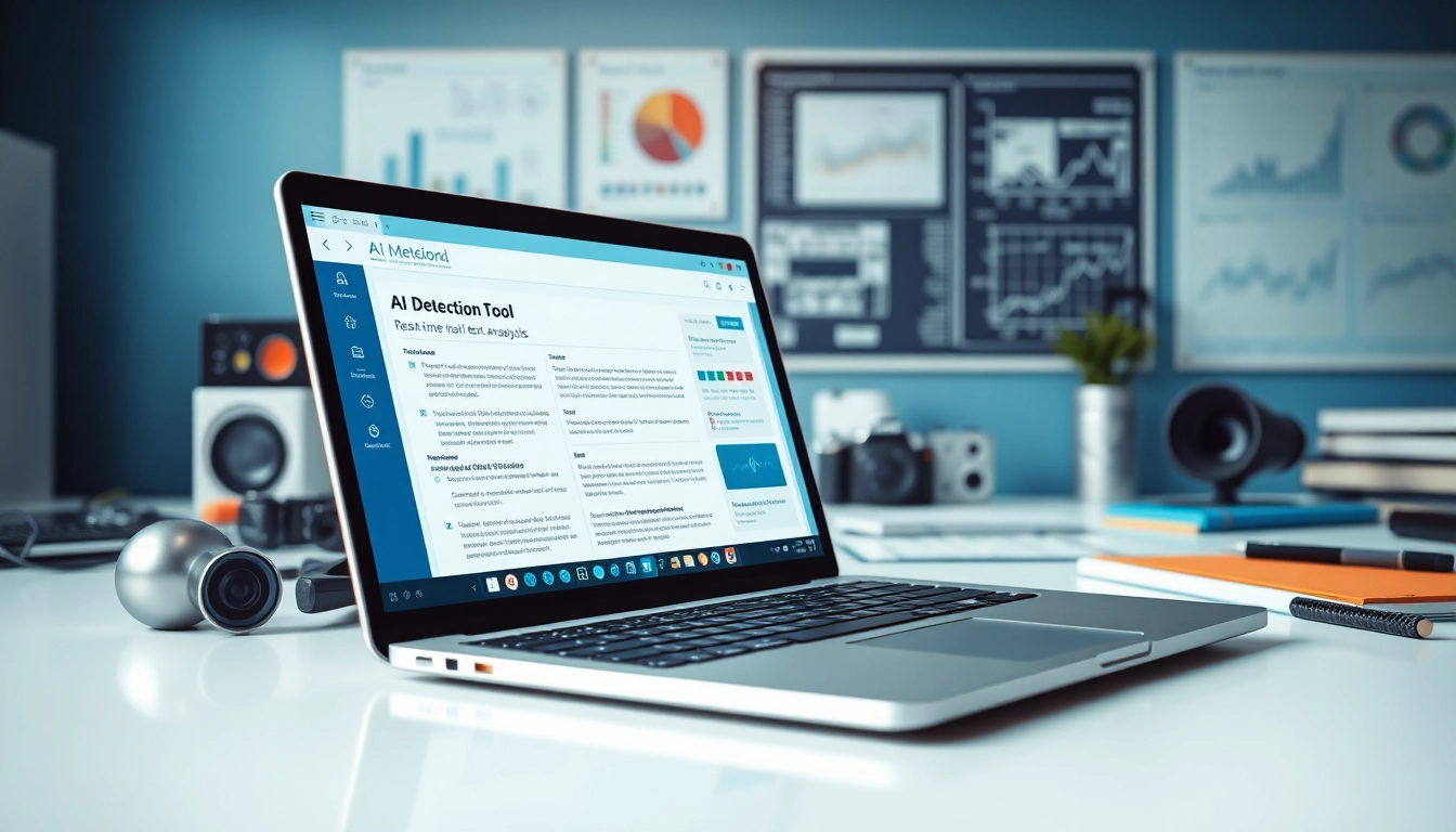 Analyze AI-generated content with the AI detector tool on a sleek laptop in a professional setting.