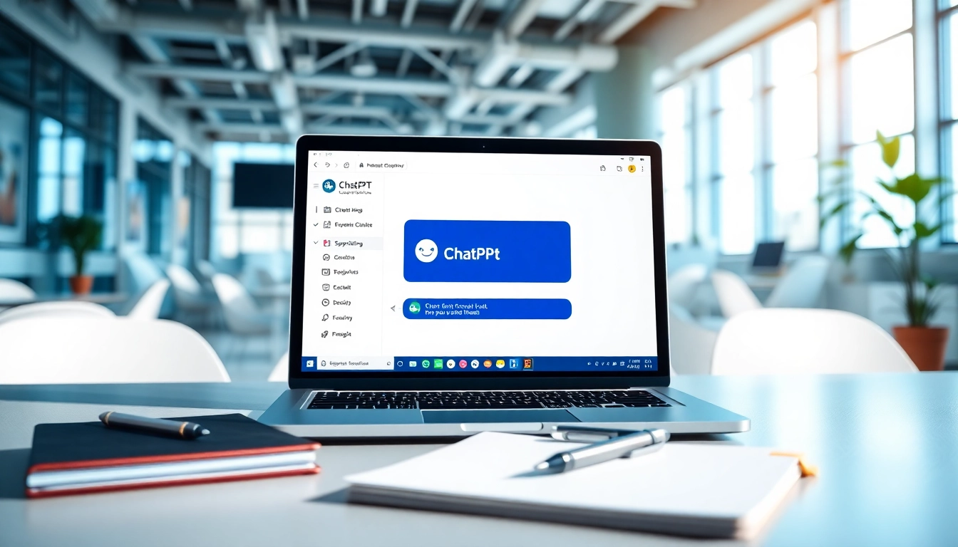 Engaging chatgpt bot for website displayed on a sleek laptop in a modern office environment.