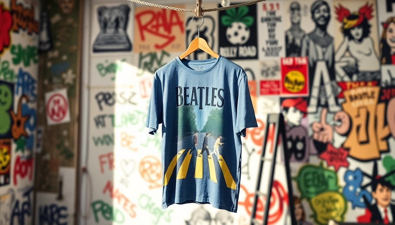 Showcase a unique Beatles Abbey Road shirt featured in a vibrant urban setting, appealing to fans.