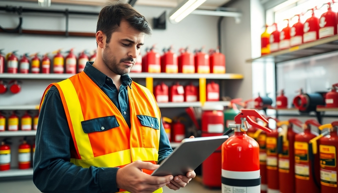 Fire extinguisher service technician conducting an inspection in a commercial environment.