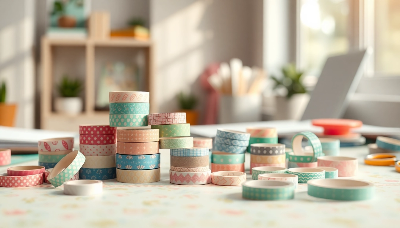 Arrange colorful washi tape rolls on a pastel crafting table, inspiring creativity for arts and crafts.