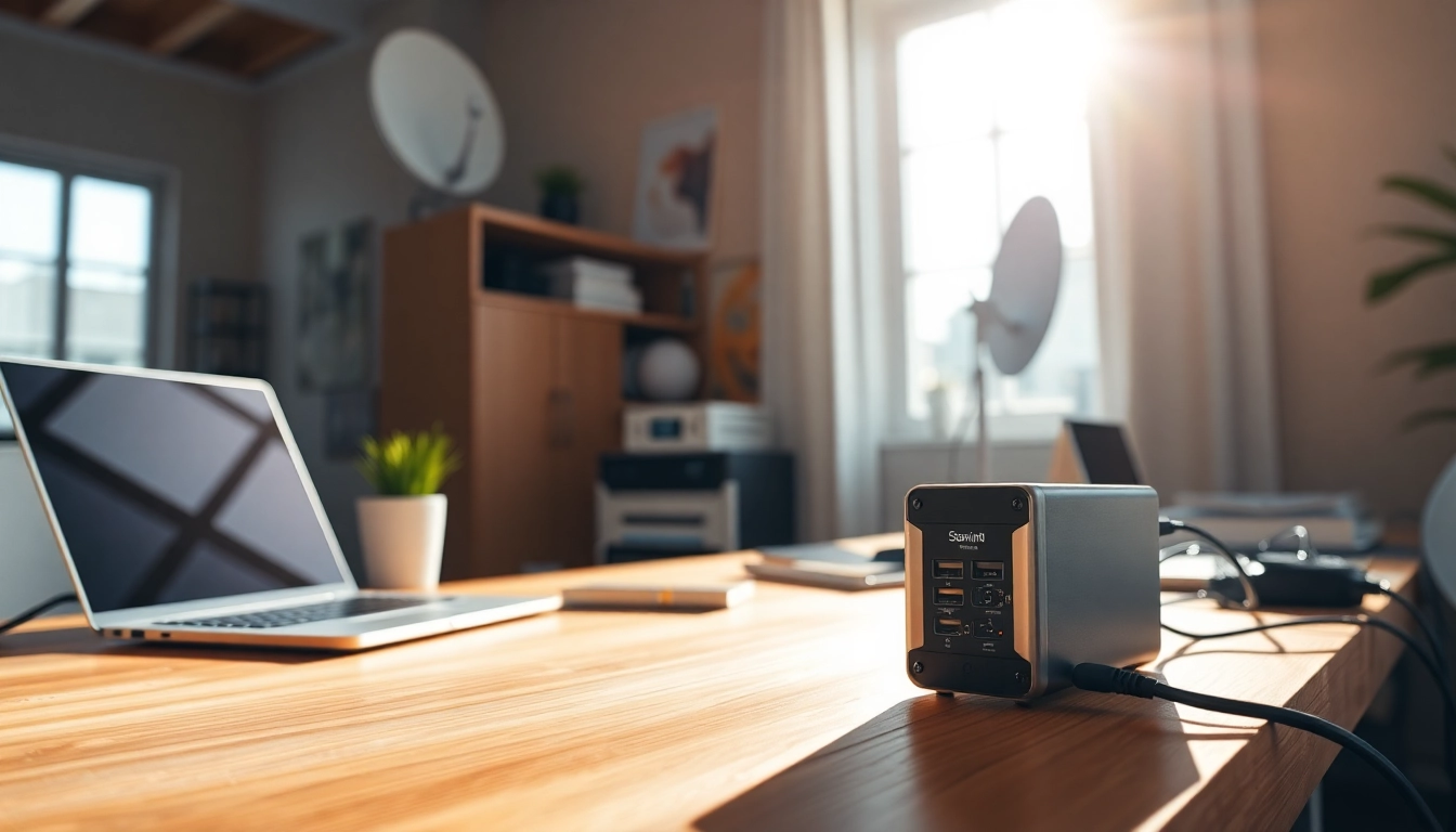 Showcase the starlink mini 12v power supply in a modern workspace environment.