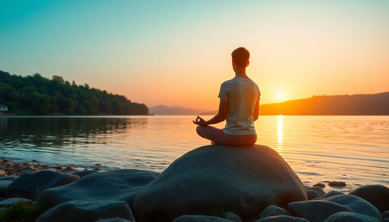 Practicing mindfulness meditation by a tranquil lake to address dealing with stress effectively.