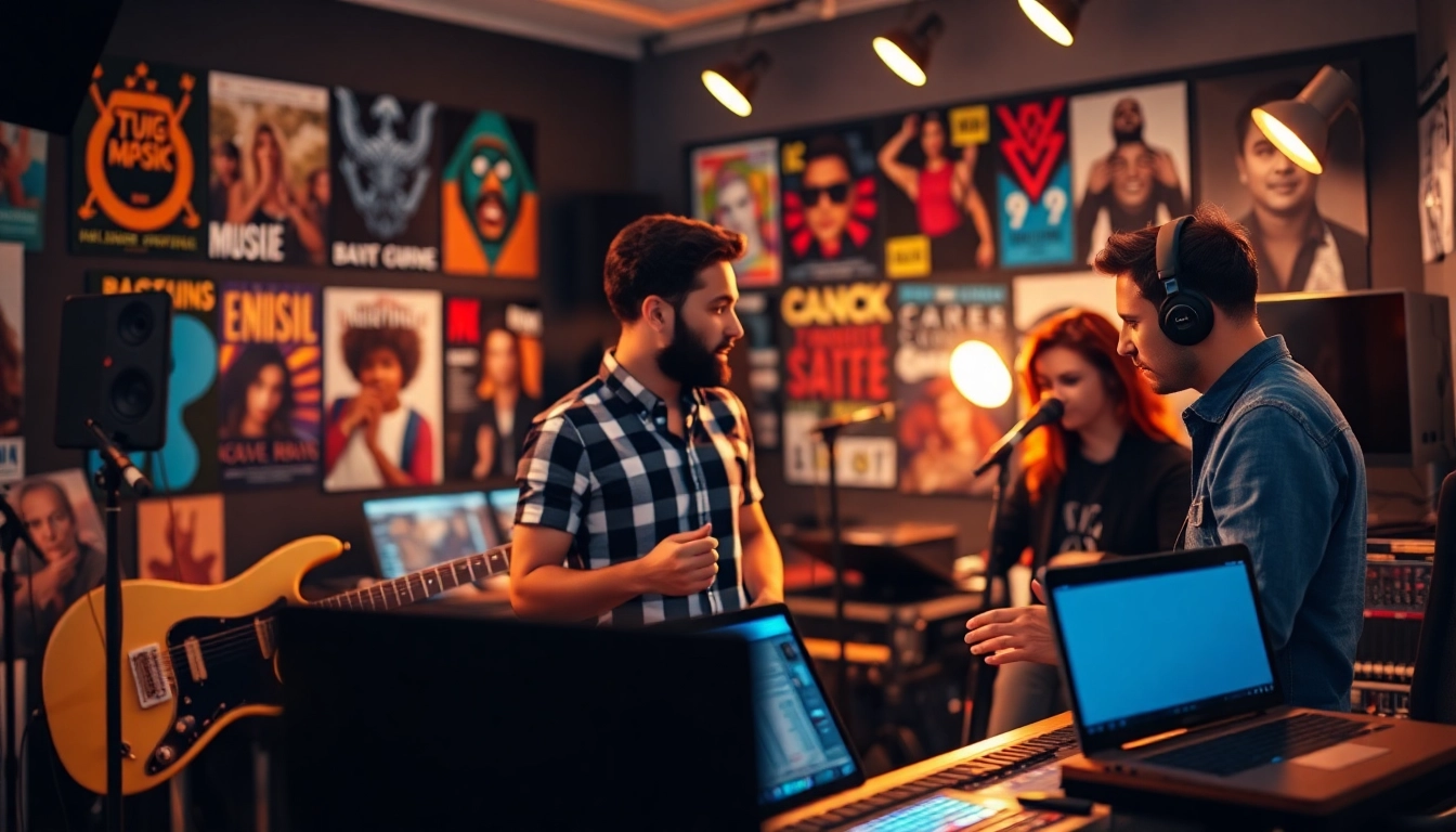 Artists collaborating for effective music promotion services in a vibrant studio.