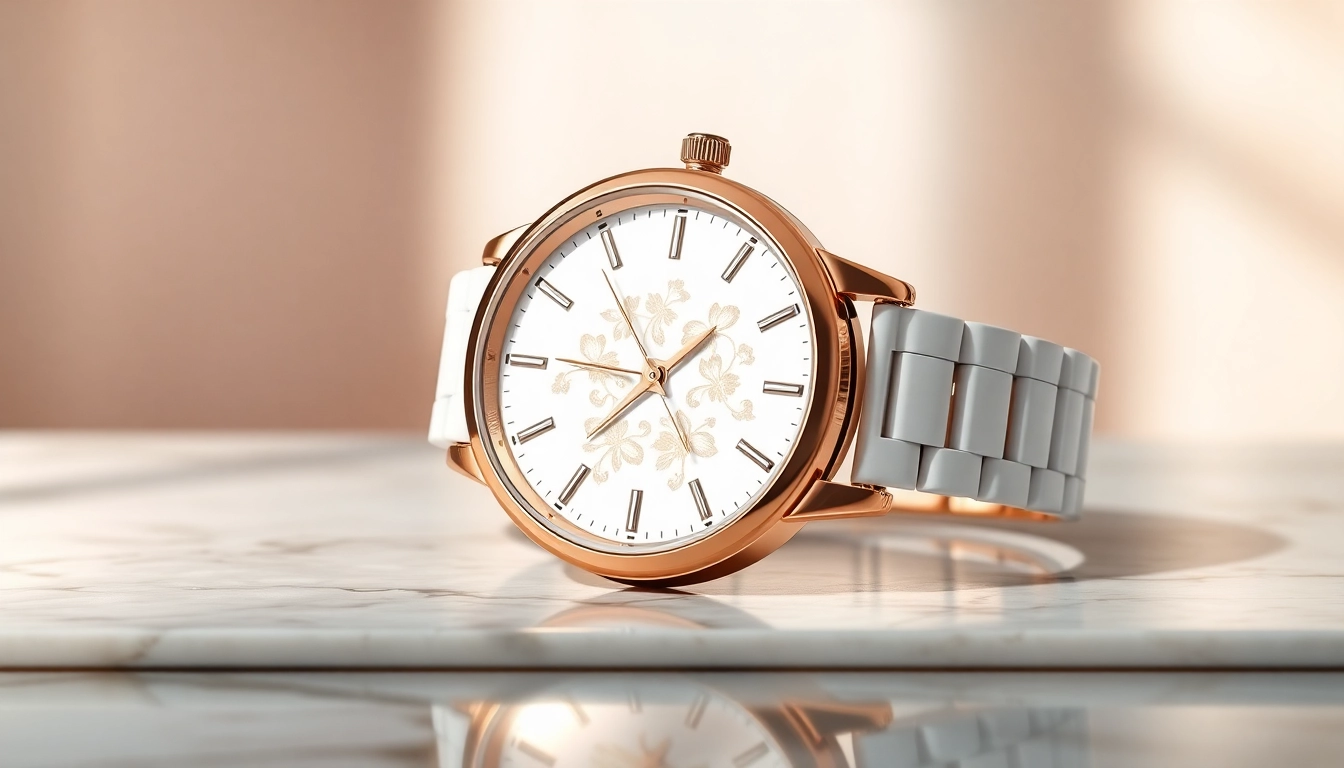 Attraktive Damen Armbanduhr in Roségold und Keramik auf einem eleganten Marmortisch abgebildet.