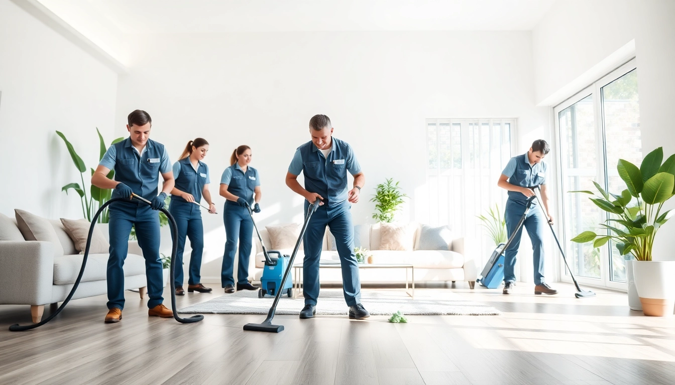 Team performing bond cleaning in a bright and inviting living room setting.