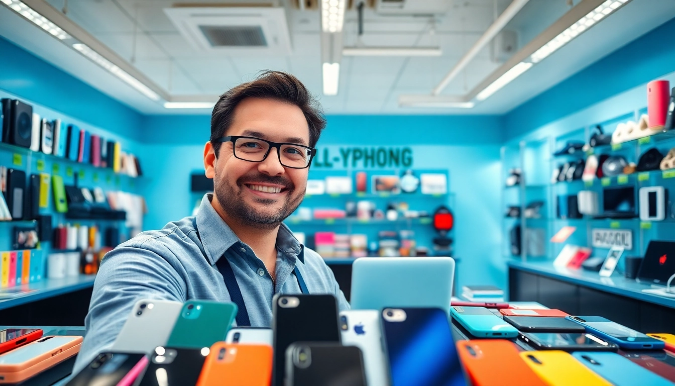 Sell your used phone with an array of displayed devices and engaging sales atmosphere.