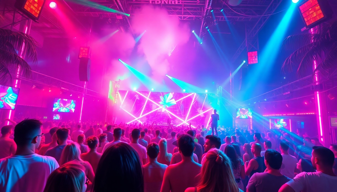 Experience the vibrant energy of a miami rave with ecstatic dancers and dazzling lights.