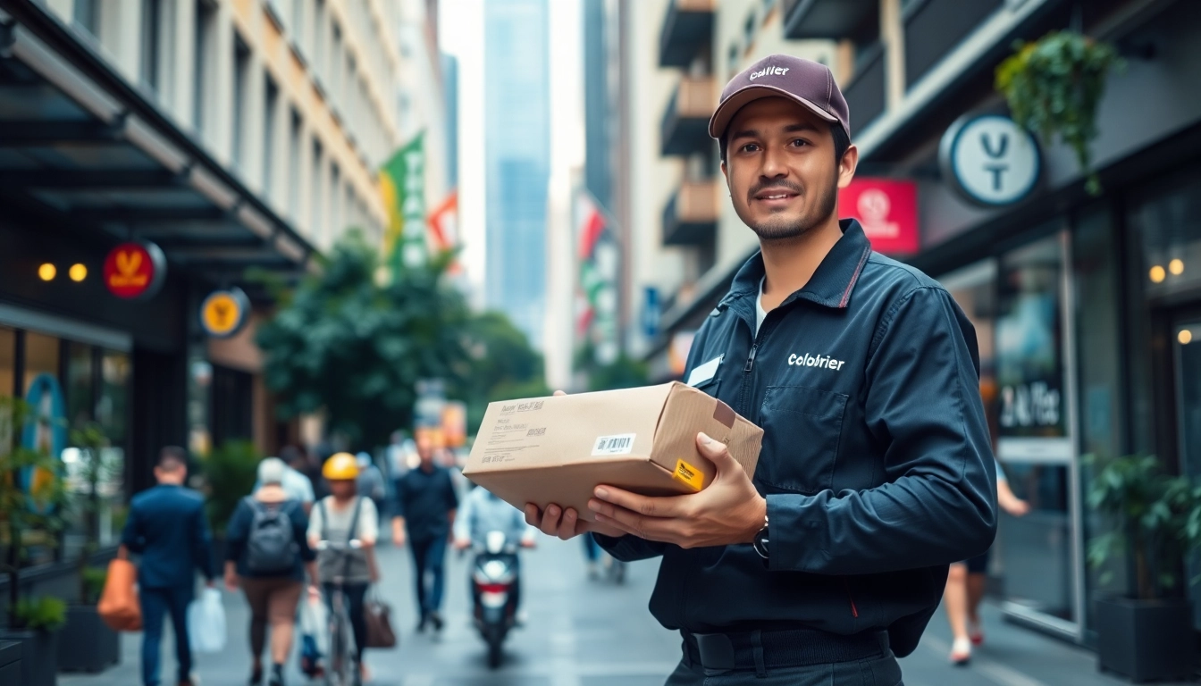 Courier in uniform actively delivering a package on a busy urban street.
