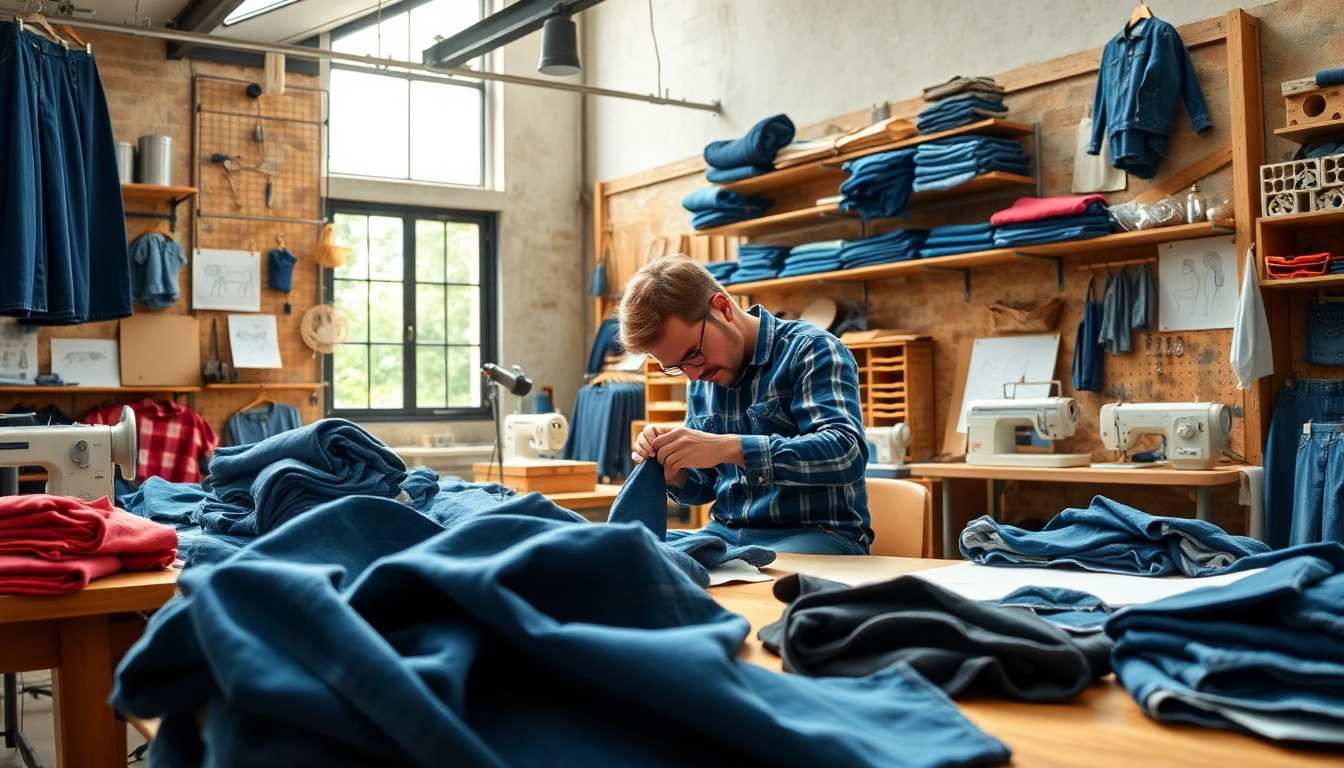 High-quality jeans manufacturers showcased in a vibrant artisan workshop with various denim fabrics.