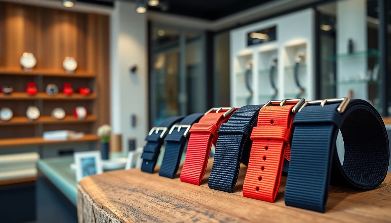 Showcasing a diverse selection of nato watch straps uk in an elegant watch store environment.