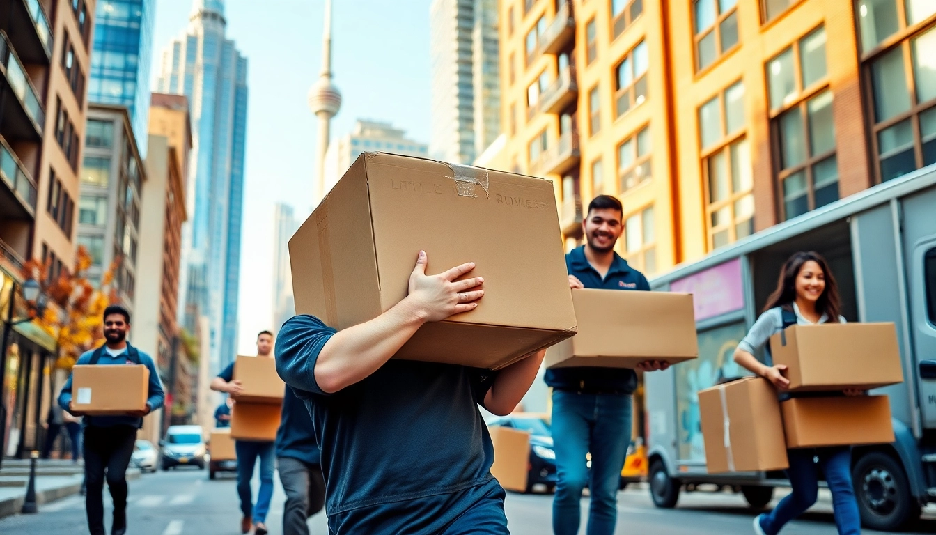 Movers from moving companies in Toronto Ontario handle a variety of boxes in a bustling urban setting.
