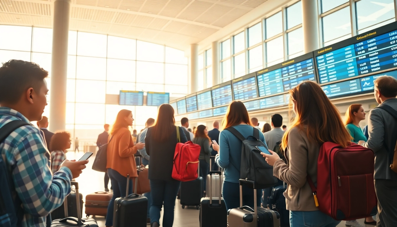 Travelers checking flights at an airport terminal, showcasing dynamic airport ambiance.
