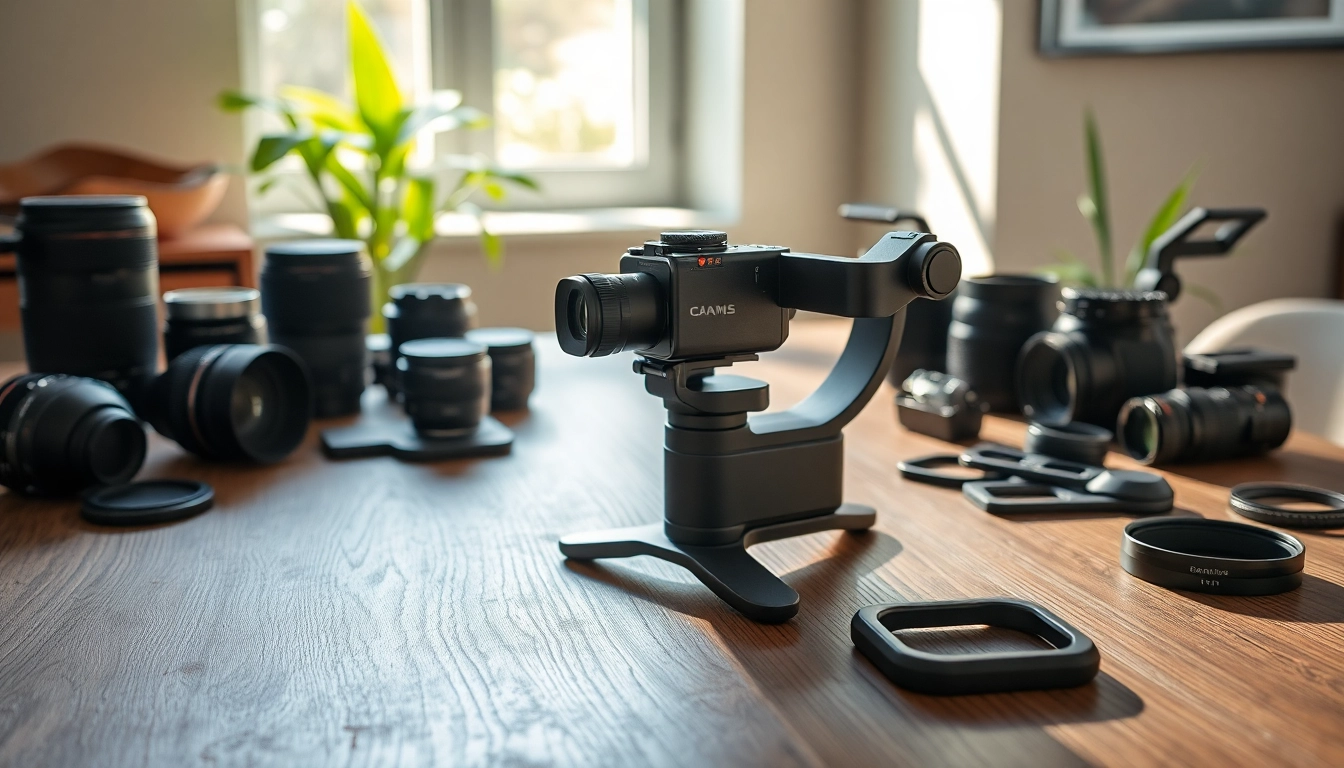Showcasing a gimbal camera with precision features on a rustic wooden table.