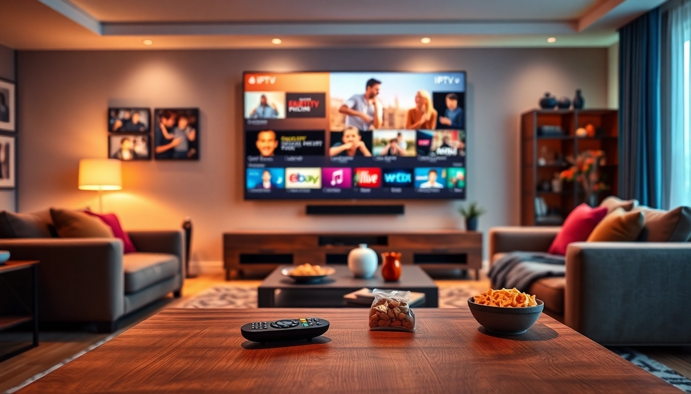 Comprar IPTV en un cómodo salón con una televisión inteligente mostrando diversos canales.
