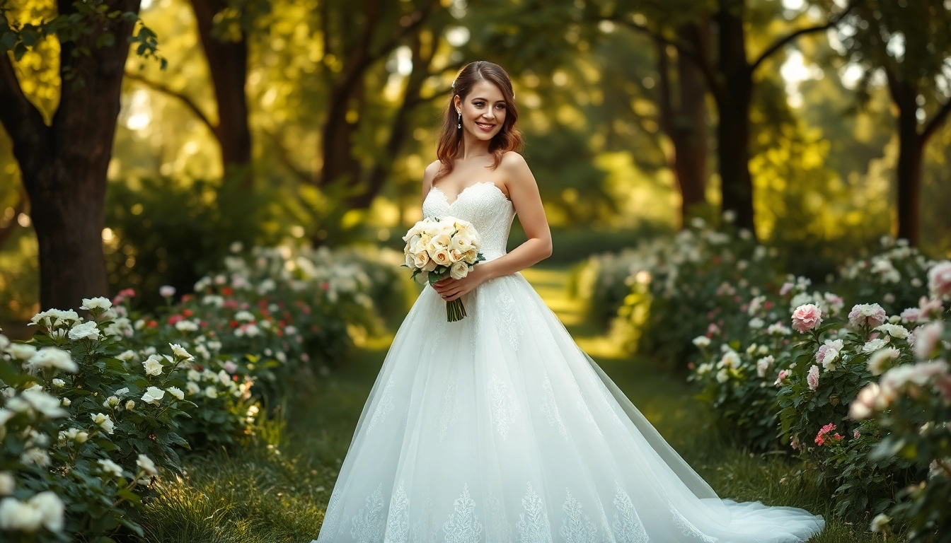 Elegant bride in an A-Line Wedding Dress with lace details amidst a blooming garden, exuding romance.