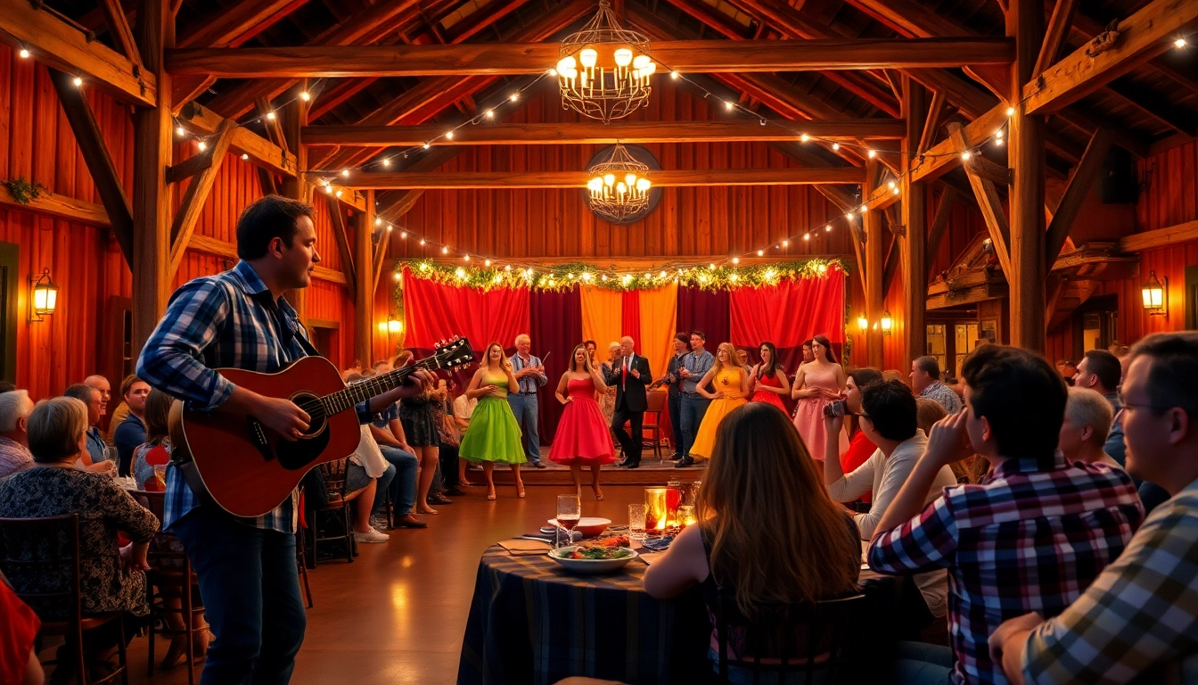Guests enjoying lively entertainment and BBQ at firelight barn dinner theater.