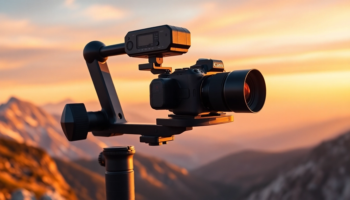 Capture smooth footage with a gimbal camera​ stabilizer on a mountain at sunset.