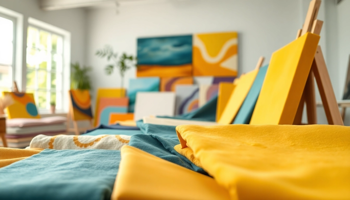 Canvas stoffen gepresenteerd in een levendige studio met diverse texturen en patronen.