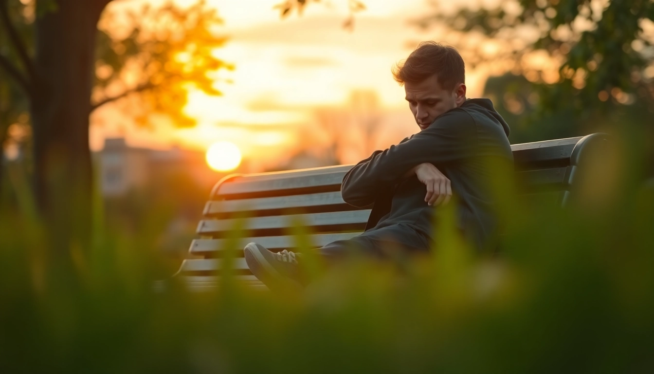 Person reflecting on a relationship breakup on a park bench amidst nature.