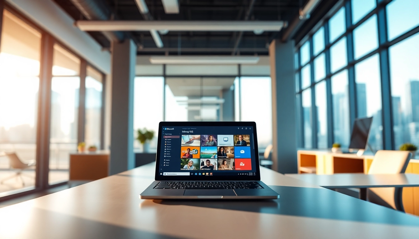 Microsoft Produkte und modernes Büroumfeld mit einem Laptop und Apps.
