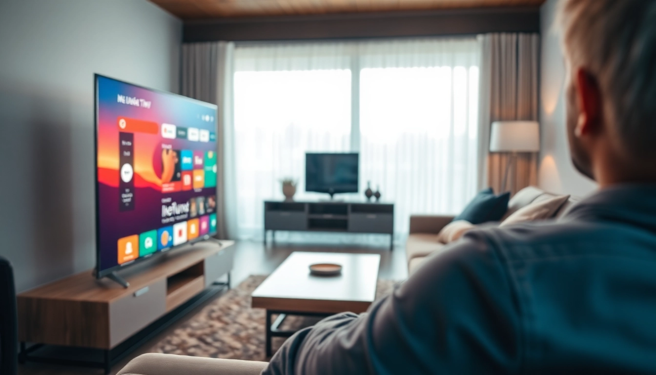 Regardez l'expérience IPTV code dans un salon moderne avec un téléviseur intelligent.
