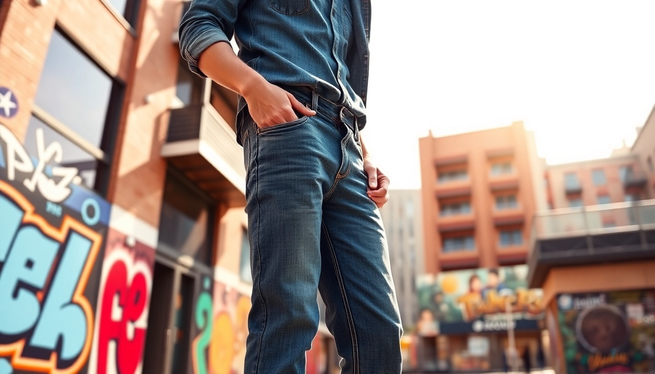 Fashionable young adult showcasing denim jeans from jeans manufacturers in an urban setting.