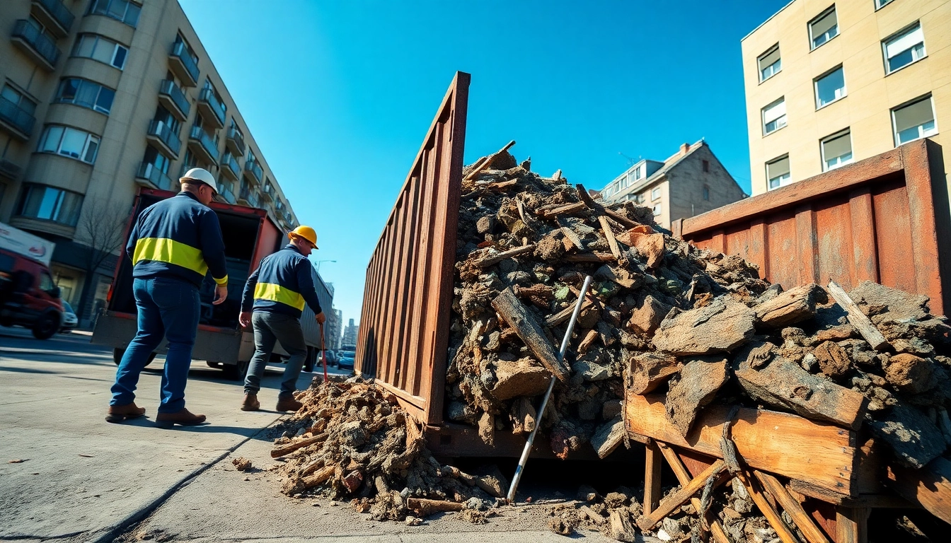 Usługa wywóz gruzu Katowice - doświadczeni pracownicy transportujący odpady budowlane w kontenerze.