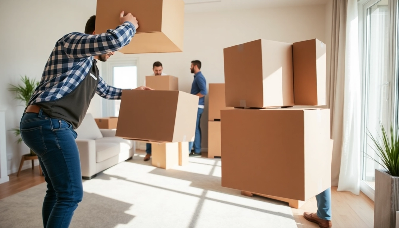 Movers Calgary team efficiently organizing furniture and boxes in a bright living space.