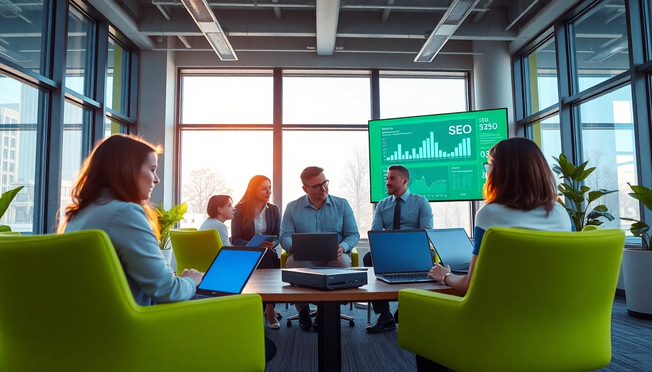 Collaborative team at a search optimization company analyzing data and strategies in a modern office environment.