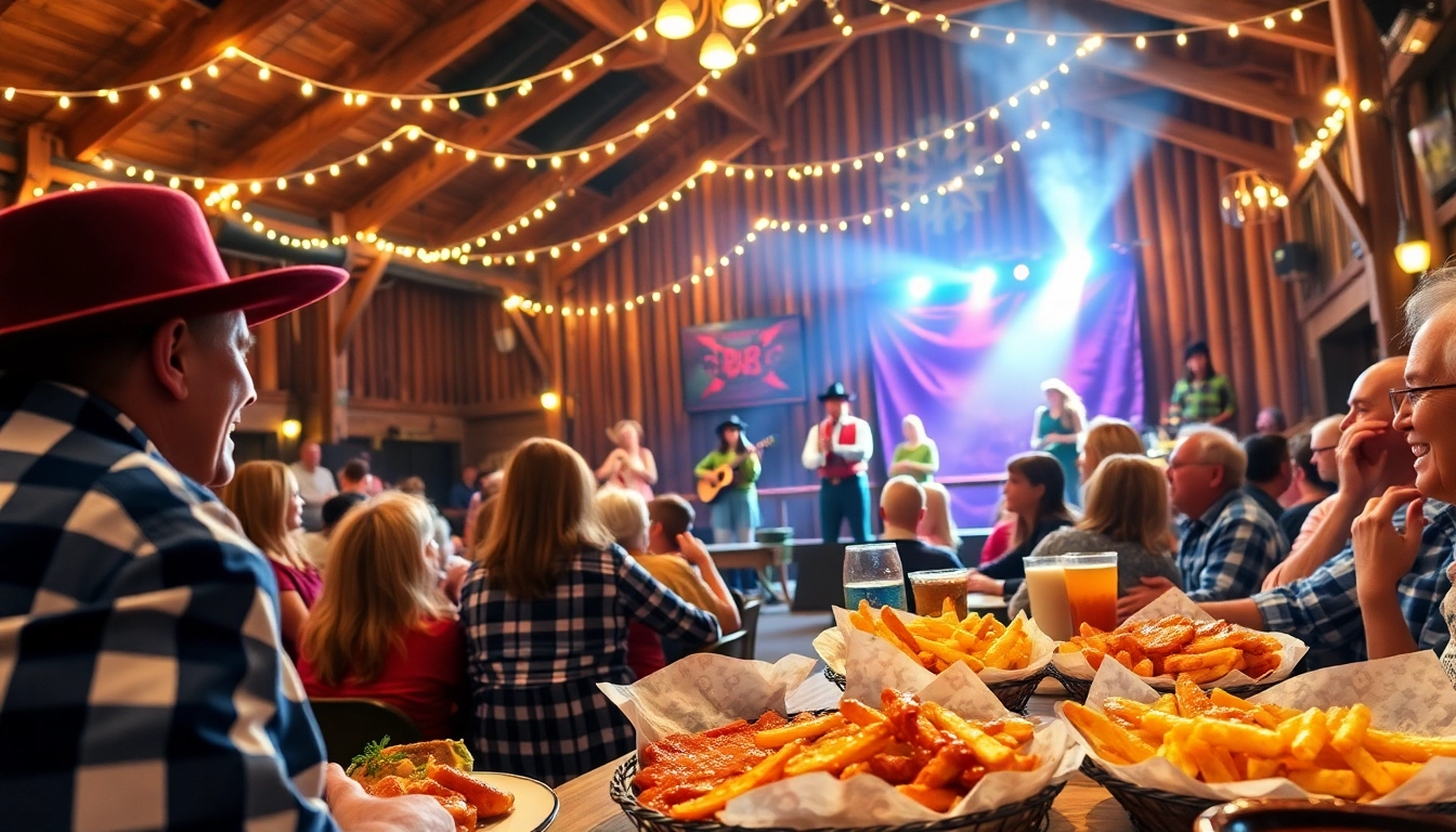 Experience the vibrant energy of firelight barn with entertaining performers and delighted guests enjoying BBQ.