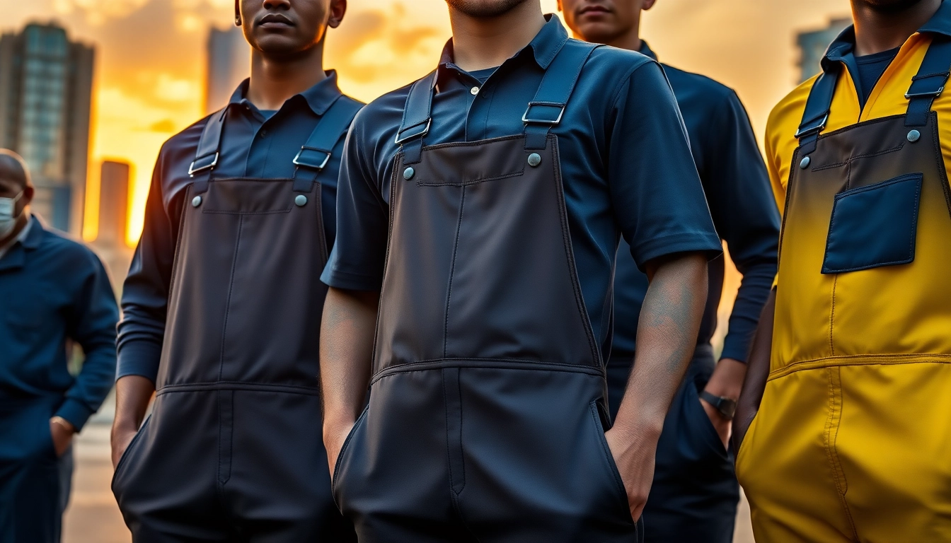 Showcase of custom branded overalls Nairobi worn by professionals in a vibrant urban setting.