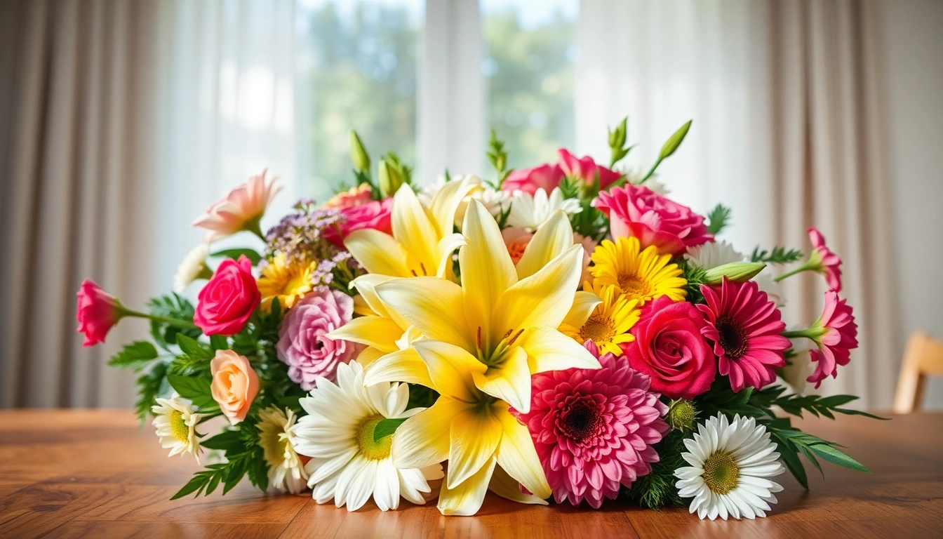 Flower Delivery Doreen showcasing an elegant arrangement of vibrant flowers on a wooden table.