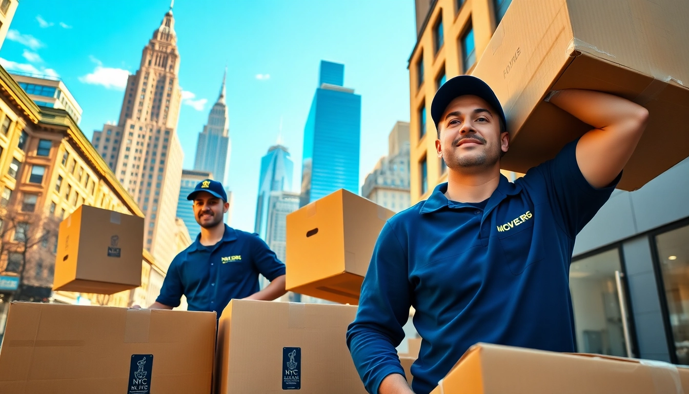 NYC movers demonstrating teamwork and efficiency while lifting furniture during a residential relocation.