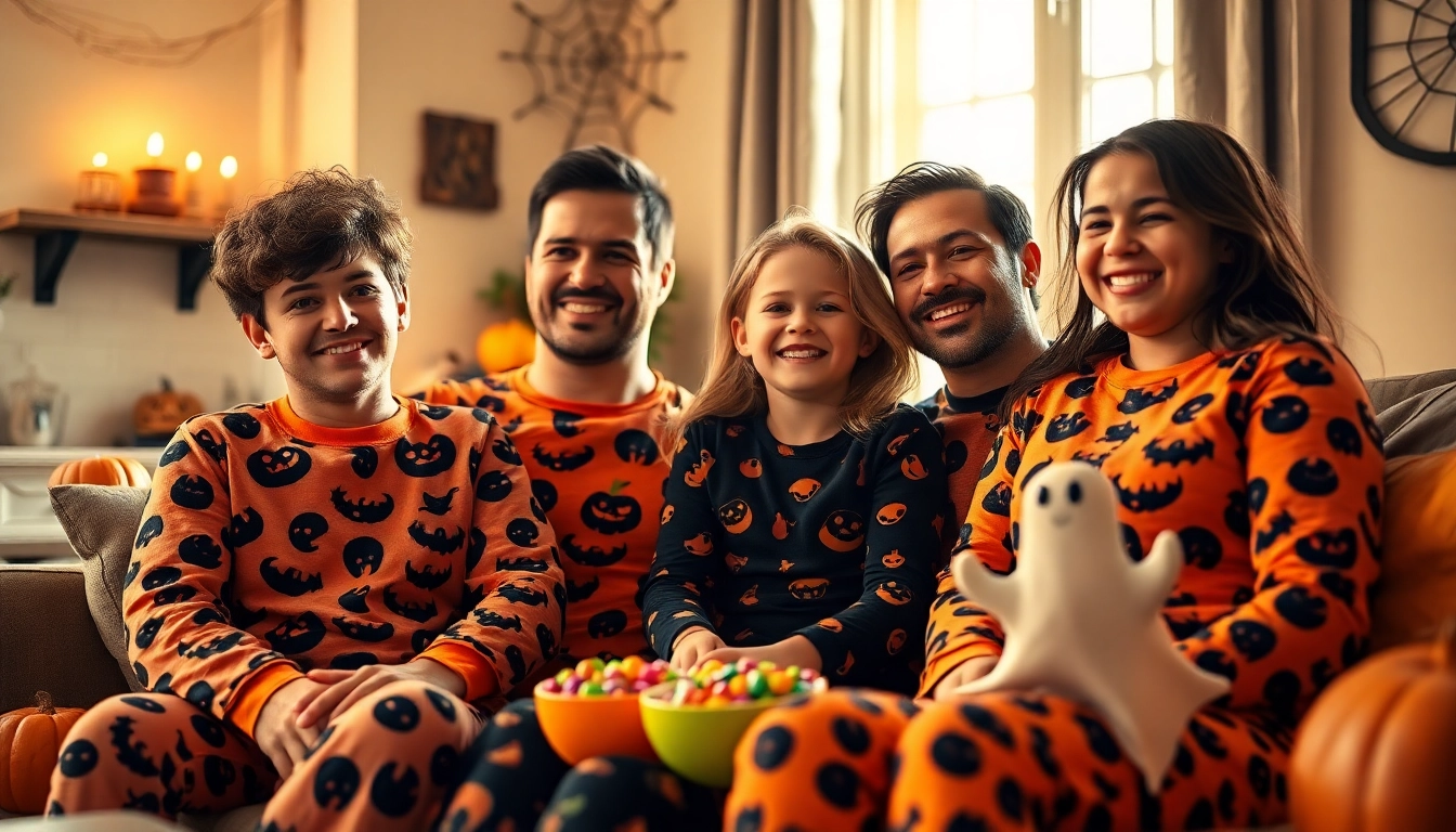 Delighted family wearing Halloween pajamas, showcasing festive designs and cozy atmosphere.