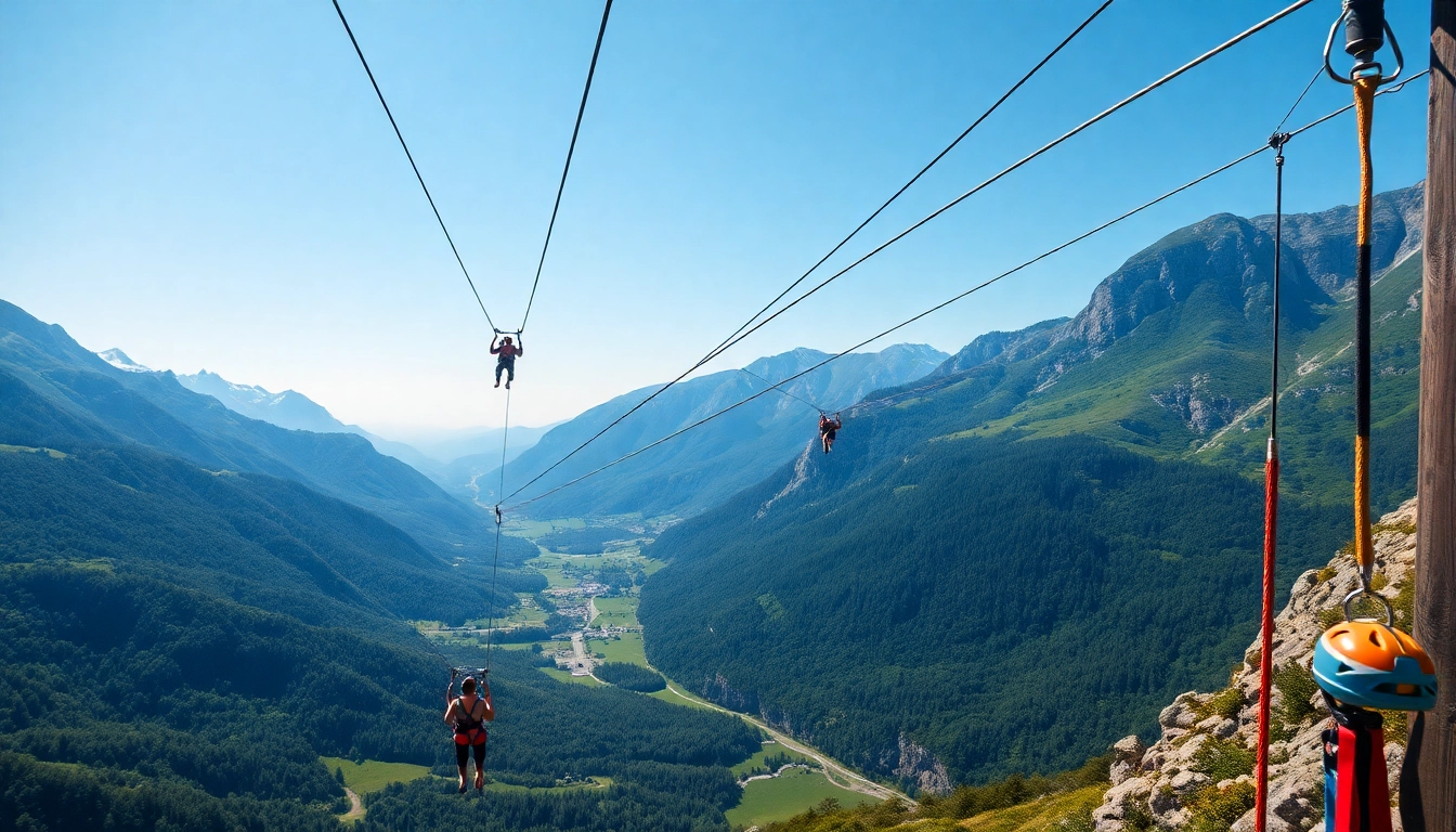 Bovec zipline nad slikovito Učja dolino, ki prikazuje adrenalinsko izkušnjo.
