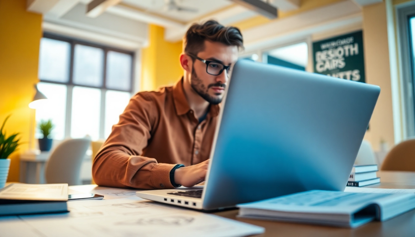Engaged WordPress developer near me creating websites in a bright office space.