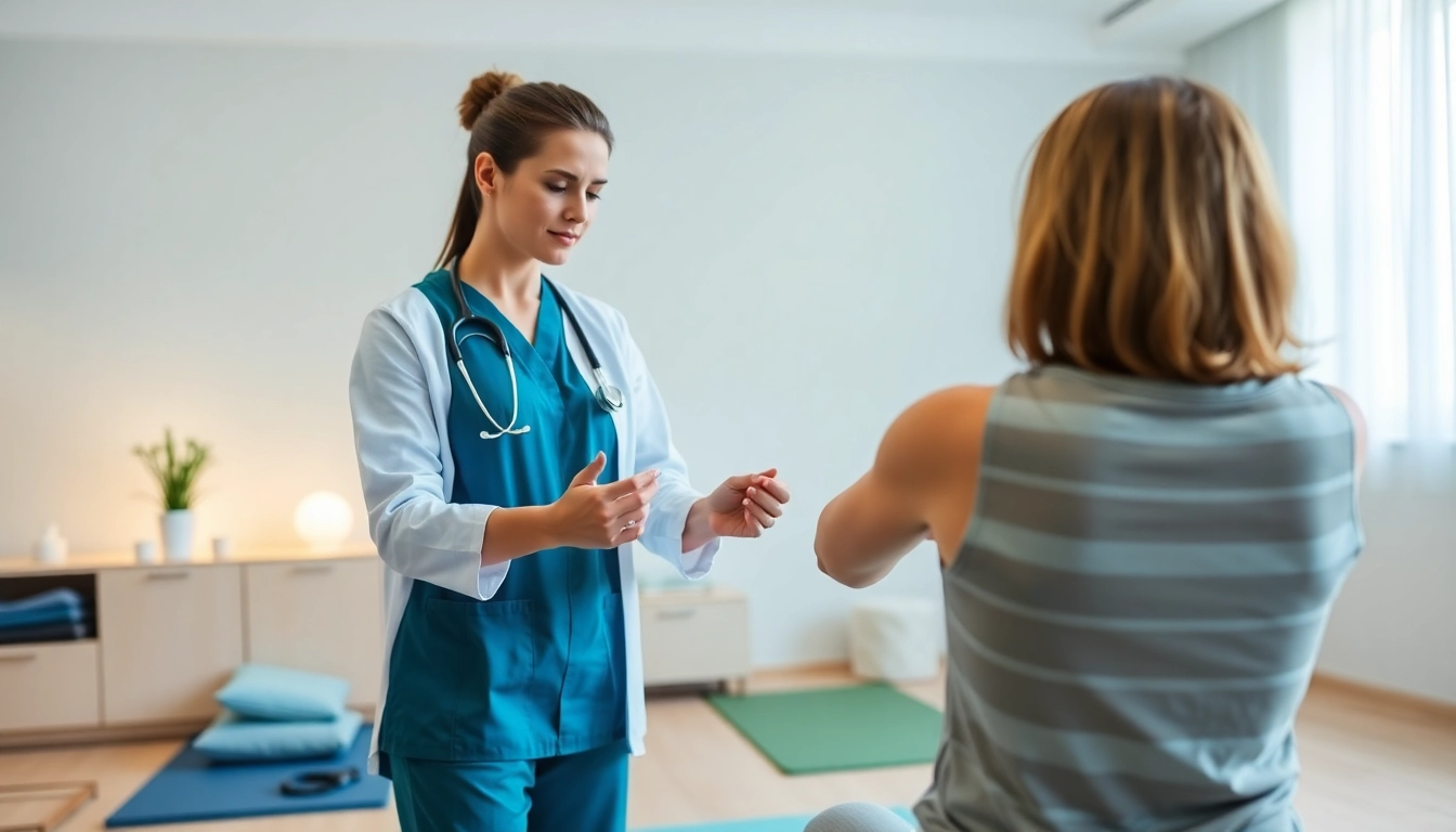 Practitioner helping a patient with shoulder pain relief techniques in a soothing clinic.
