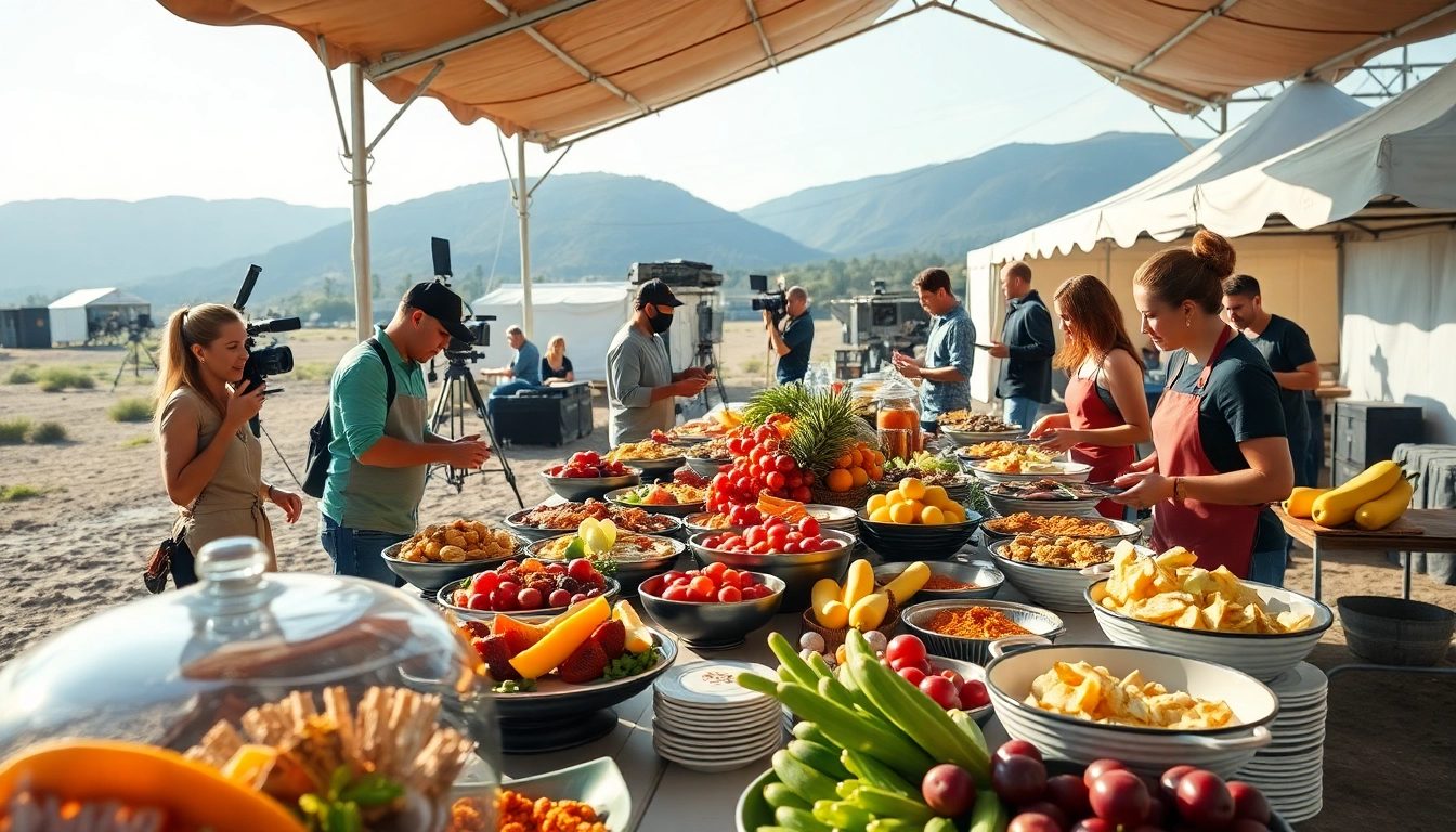 Engaged staff serving delicious food for Hamilton Ontario film crew catering on a lively film set.